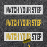 PEUTIER 2pcs Watch Your Step Stencils, 22.83x5.51 inch Warning Sign Stencil, Safety Stencils for Walls Floors Stairs, White