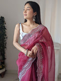 Flosive Women'S Attractive Colour Organza Saree Handwork With Blouse (Maroon)