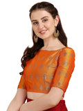 Oomph! Women'S Indian Ethnic Wear Designer Zari Work Boat Neck Half Sleeve Readymade Non - Padded Blouse For Saree And Lehnga And Palazzos Or Skirts For A Fusion Twist. Tangerine Orange S