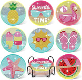 Leatrice 8PCS Beach Diamond Art Coasters Small Diamond Painting Kits for Adults Diamond Dots Round Full Drill Diamond Coasters w