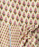Indian Hand Block Print 60/60 Beige 100% Cotton Fabric by The Yard, Lightweight Floral Quilting & Sewing Fabric for Dressmaking,