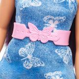 Barbie Fashionistas Doll #231 With Purple Hair, Wearing Strapless Denim Butterfly-Print Dress With Pink Belt And Boots