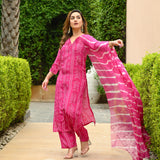 Gosriki Women'S Rayon Blend Straight Bandhej Printed Kurta With Pant & Dupatta (Baghira Pink-Gs_3Xl_Pink_Xxx-Large),Pink,3,B0DFY2ZPH5