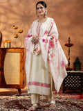 Libas Womens Embroidered Georgette Straight Kurta With Trousers And Dupatta Cream M