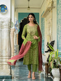 Anni Designer Women'S Cotton Blend Straight Printed Kurta With Pant & Dupatta (Kajal Mehandi_L_Green_Large),Green,L,,,