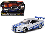 Brians Nissan Skyline GTR (R34) RHD (Right Hand Drive) Silver Metallic with Blue Stripes 2 Fast 2 Furious (2003) Movie Fast