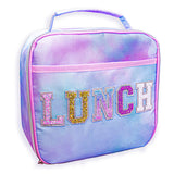 FROG SAC Kids Lunch Bag for Girls, Reusable Insulated Preppy Tie Dye Glitter Varsity Letter Patch Lunch Box for Kids, Cute Soft