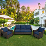 MeetLeisure 3 Pieces Outdoor Patio Conversation Furniture Set - 75 3-seat Sofa | 2 Wicker Chairs, Deep Seat Couch, Removable Cus