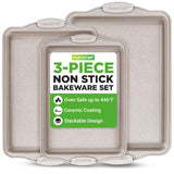 NutriChef 3 Piece Nonstick Cookie Sheets for Baking - Premium Carbon Steel Baking Pans with White Silicone Handles - Even Heat D