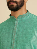 Manyavar Men'S Art Silk Intricate Prints & Neck Detailing Kurta Pyjama Set (Green,3Xl) Green 3Xl Sdes1175-333-Xxxl