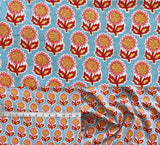 Indian Hand Block Print 60/60 Aqua 100% Cotton Fabric by The Yard, Lightweight Floral Quilting & Sewing Fabric for Dressmaking,