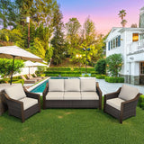 MeetLeisure 3 Pieces Outdoor Patio Conversation Furniture Set - 75 3-seat Sofa | 2 Wicker Chairs, Metal Wicker Couch, Removable