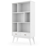Draper Solid Hardwood 64 Inch X 35 Inch Mid-Century Modern Wide Bookcase And Storage Unit In White