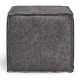 Brody Boho Square Pouf In Distressed Black Faux Leather