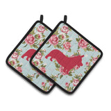 Caroline'S Treasures Corgi Shabby Chic Blue Roses Pair Of Pot Holders Bb1069-Rs-Bu-Pthd, 7.5Hx7.5W, Multicolor
