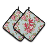 Caroline'S Treasures Coral Shabby Chic Blue Roses Pair Of Pot Holders Bb1103-Rs-Bu-Pthd, 7.5Hx7.5W, Multicolor