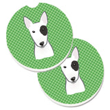 Caroline'S Treasures Green Checkered Bull Terrier Set Of 2 Cup Holder Car Coasters Bb1132Carc, 2.56, Multicolor