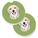 Caroline'S Treasures Green Checkered Golden Retriever Set Of 2 Cup Holder Car Coasters Bb1137Carc, 2.56, Multicolor