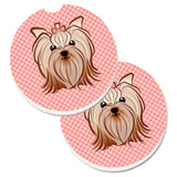 Caroline'S Treasures Pink Checkered Yorkie / Yorkshire Terrier Set Of 2 Cup Holder Car Coasters Bb1138Carc, 2.56, Multicolor