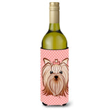 Pink Checkered Yorkie / Yorkshire Terrier Wine Bottle Beverage Insulator Hugger Bb1138Literk