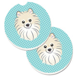 Caroline'S Treasures Checkerboard Blue Pomeranian Set Of 2 Cup Holder Car Coasters Bb1145Carc, 2.56, Multicolor