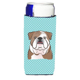 Checkerboard Blue English Bulldog Ultra Beverage Insulators For Slim Cans