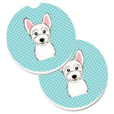 Caroline'S Treasures Checkerboard Blue Westie Set Of 2 Cup Holder Car Coasters Bb1164Carc, 2.56, Multicolor
