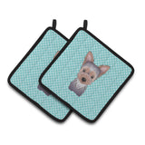 Caroline'S Treasures Checkerboard Blue Yorkie Puppy Pair Of Pot Holders Bb1170Pthd, 7.5Hx7.5W, Multicolor