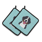 Caroline'S Treasures Checkerboard Blue Bernese Mountain Dog Pair Of Pot Holders Bb1175Pthd, 7.5Hx7.5W, Multicolor