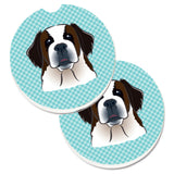 Caroline'S Treasures Checkerboard Blue Saint Bernard Set Of 2 Cup Holder Car Coasters Bb1184Carc, 2.56, Multicolor