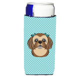 Checkerboard Blue Chocolate Brown Shih Tzu Ultra Beverage Insulators For Slim Cans