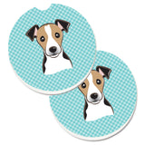 Caroline'S Treasures Checkerboard Blue Jack Russell Terrier Set Of 2 Cup Holder Car Coasters Bb1199Carc, 2.56, Multicolor