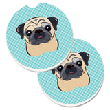 Caroline'S Treasures Checkerboard Blue Fawn Pug Set Of 2 Cup Holder Car Coasters Bb1200Carc, 2.56, Multicolor