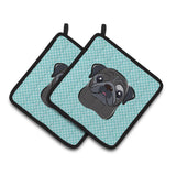 Caroline'S Treasures Checkerboard Blue Black Pug Pair Of Pot Holders Bb1201Pthd, 7.5Hx7.5W, Multicolor