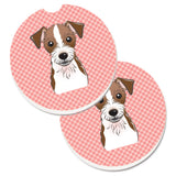 Caroline'S Treasures Checkerboard Pink Jack Russell Terrier Set Of 2 Cup Holder Car Coasters Bb1202Carc, 2.56, Multicolor