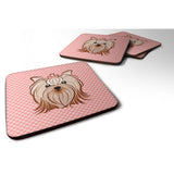 Caroline'S Treasures Bb1204Fc Checkerboard Pink Yorkie Yorkishire Terrier Foam Coaster (Set Of 4), 3.5 H X 3.5 W, Mult
