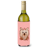 Checkerboard Pink Yorkie Yorkishire Terrier Wine Bottle Beverage Insulator Hugger