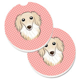 Caroline'S Treasures Checkerboard Pink Longhair Creme Dachshund Set Of 2 Cup Holder Car Coasters Bb1212Carc, 2.56, Multicolor,