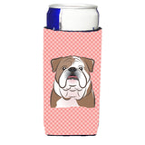 Checkerboard Pink English Bulldog Ultra Beverage Insulators For Slim Cans