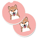 Caroline'S Treasures Checkerboard Pink Shiba Inu Set Of 2 Cup Holder Car Coasters Bb1225Carc, 2.56, Multicolor