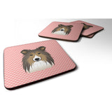 Caroline'S Treasures Bb1242Fc Checkerboard Pink Sheltie Foam Coaster (Set Of 4), 3.5 H X 3.5 W, Multicolor