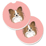 Caroline'S Treasures Checkerboard Pink Papillon Set Of 2 Cup Holder Car Coasters Bb1248Carc, 2.56, Multicolor