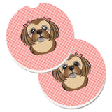 Caroline'S Treasures Checkerboard Pink Chocolate Brown Shih Tzu Set Of 2 Cup Holder Car Coasters Bb1249Carc, 2.56, Multicolor,