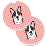 Caroline'S Treasures Checkerboard Pink Corgi Set Of 2 Cup Holder Car Coasters Bb1255Carc, 2.56, Multicolor