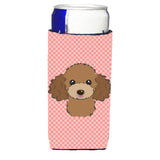 Checkerboard Pink Chocolate Brown Poodle Ultra Beverage Insulators For Slim Cans