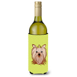 Checkerboard Lime Green Yorkie Yorkishire Terrier Wine Bottle Beverage Insulator Hugger