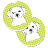 Caroline'S Treasures Checkerboard Lime Green Maltese Set Of 2 Cup Holder Car Coasters Bb1270Carc, 2.56, Multicolor