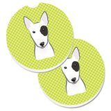 Caroline'S Treasures Checkerboard Lime Green Bull Terrier Set Of 2 Cup Holder Car Coasters Bb1271Carc, 2.56, Multicolor