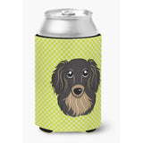 Checkerboard Lime Green Longhair Black And Tan Dachshund Can Or Bottle Hugger Bb1275Cc