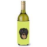 Checkerboard Lime Green Longhair Black Tan Dachshund Wine Bottle Beverage Insulator Hugger
